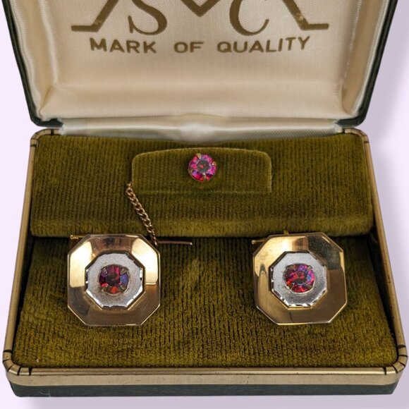 Vintage Red Glass Cufflink & Tie Pin Set - Picture 4 of 8